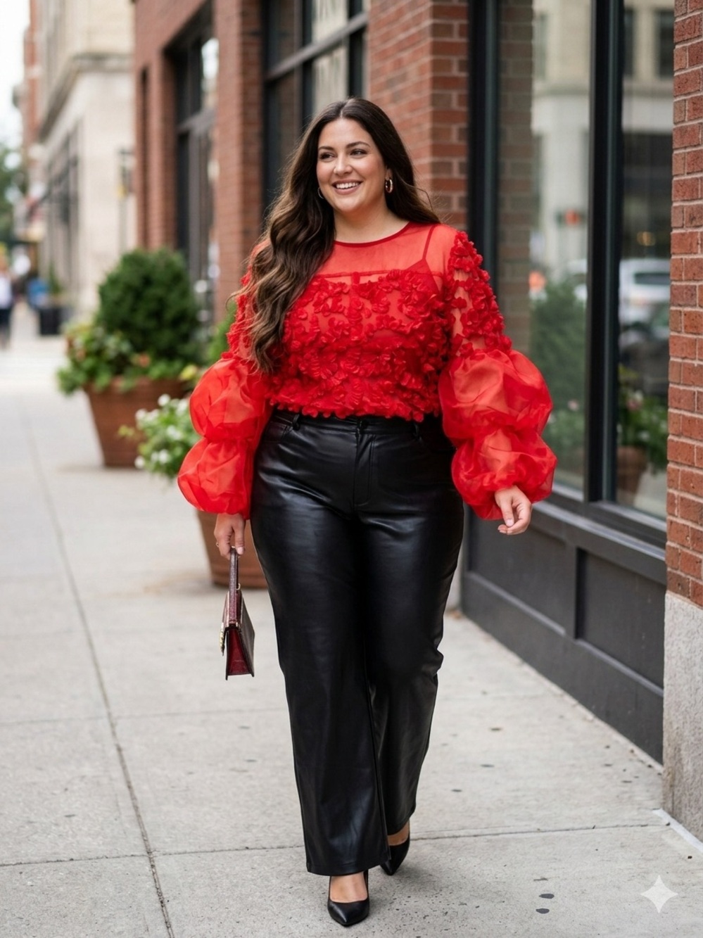WoWo Red 3D Floral Applique Mesh Blouse Plus Size 3X Puff Sleeve NWOT
